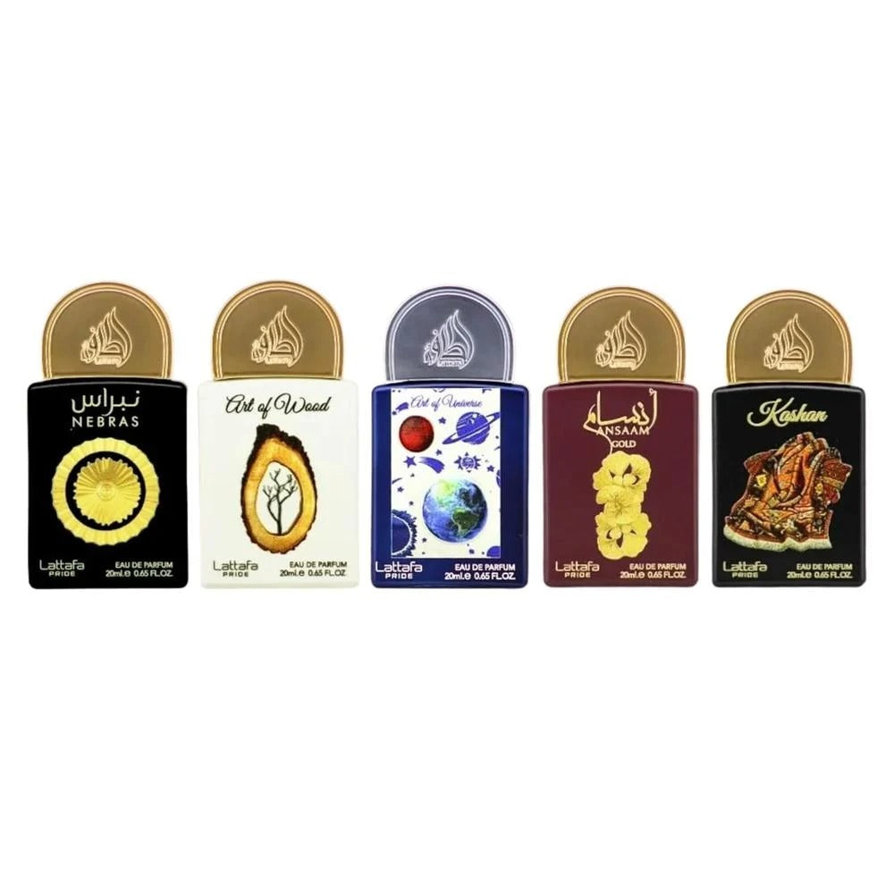 Set Pride Discovery 5X 0.67 Oz Nebras-Art Of Wood-Art Of Universe-Ansaam Gold-Kashan Edp Unisex